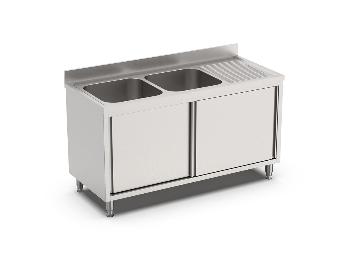 RVS Spoeltafel met schuifdeuren | 2 Bak Links | Opstaande rand | 1800x700x900(h)mm