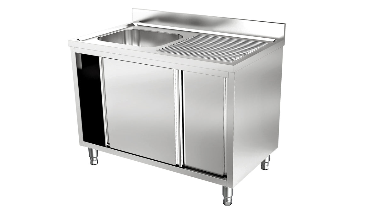 RVS Spoeltafel met schuifdeuren | 1 Bak Links | Opstaande rand | 1400x700x900(h)mm