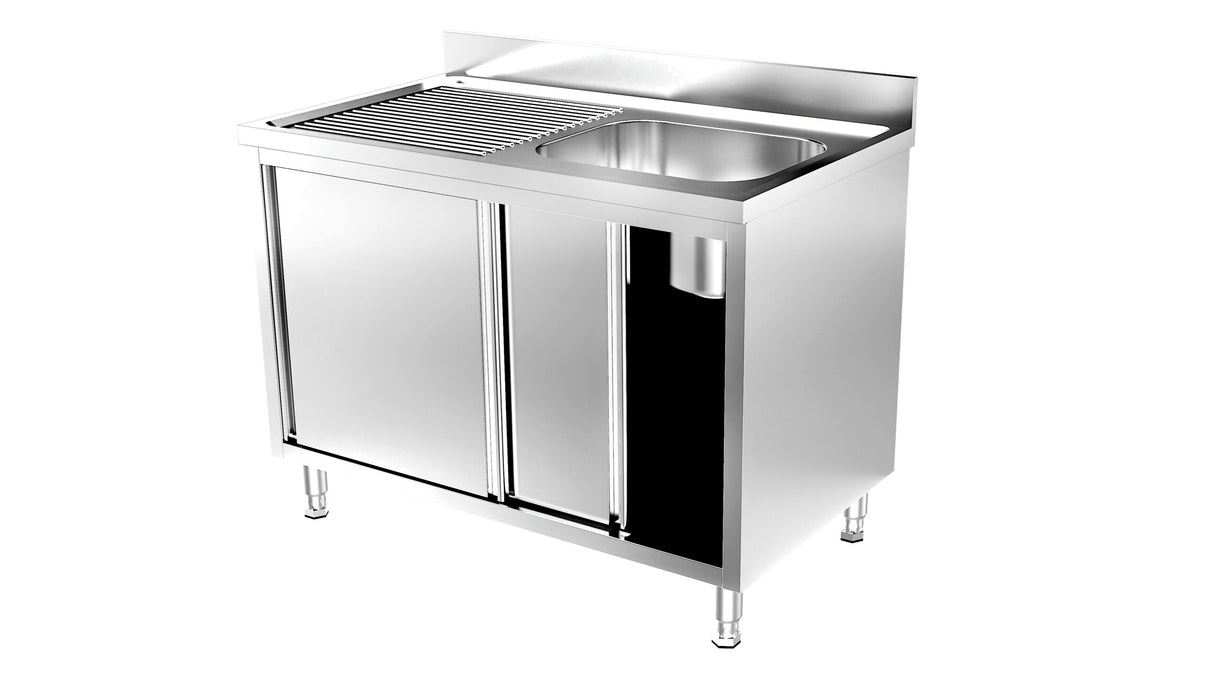 RVS Spoeltafel met schuifdeuren | 1 Bak Rechts | Opstaande rand | 1200x700x900(h)mm