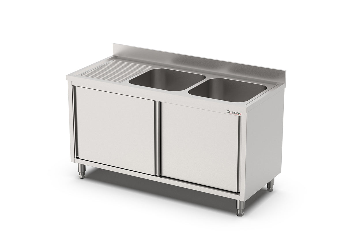 RVS Spoeltafel met schuifdeuren | 2 Bak Rechts | Opstaande rand | 1400x700x900(h)mm