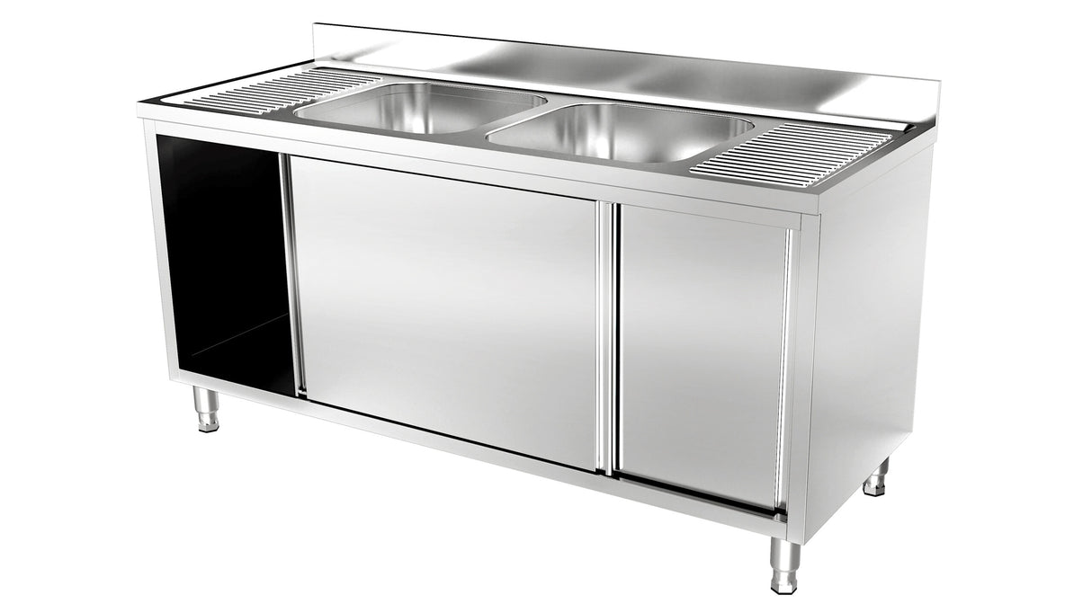 RVS Spoeltafel met schuifdeuren | 2 Bak Midden | Opstaande rand | 1800x700x900(h)mm