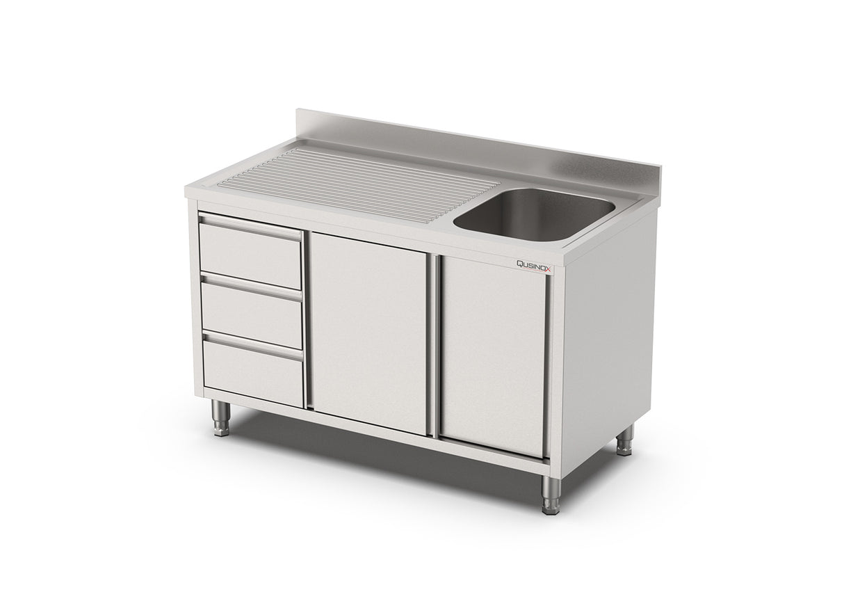 RVS Spoeltafel met schuifdeuren en 3 laden | 1 Bak Rechts | Opstaande rand | 1400x700x900(h)mm