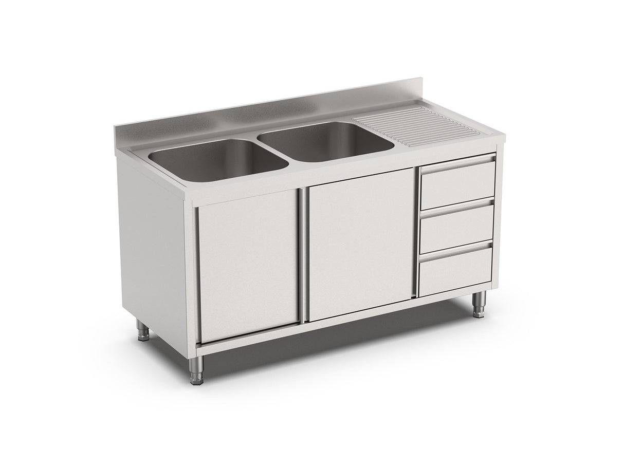 RVS Spoeltafel met schuifdeuren en 3 laden | 2 Bak Links | Opstaande rand | 2000x700x900(h)mm