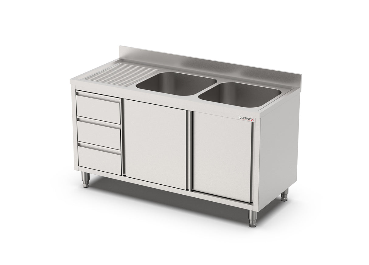 RVS Spoeltafel met schuifdeuren en 3 laden | 2 Bak Rechts | Opstaande rand | 2000x700x900(h)mm