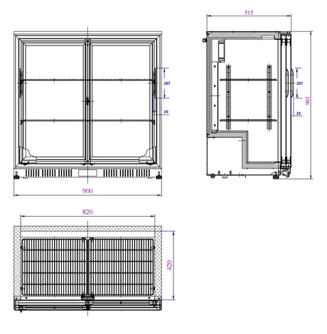 Barkoeler | Schuifdeuren | Zwart | 208L | 0°C/+10°C | Statisch + Ventilator | 900x520x900(h)mm