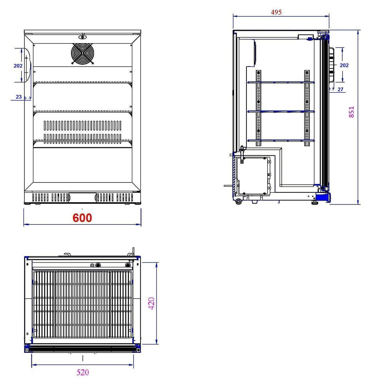 Barkoeler | 1 Glasdeur | Zwart | 128L | 0°C/+10°C | Statisch + Ventilator | 600x520x850(h)mm