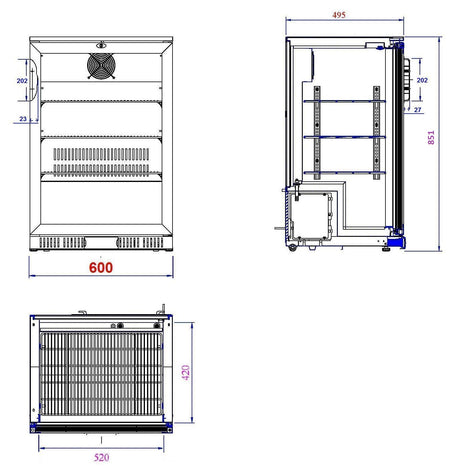 Barkoeler | 1 Glasdeur | Zwart | 128L | 0°C/+10°C | Statisch + Ventilator | 600x520x850(h)mm
