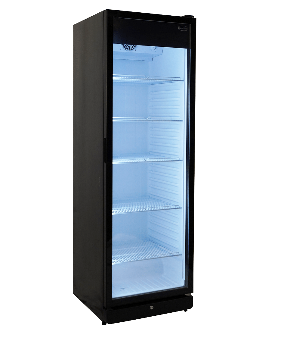 Glasdeur koelkast | 388L | Zwart | +1°C/+9°C | Geforceerd | Wielen | 595x585x1864(h)mm