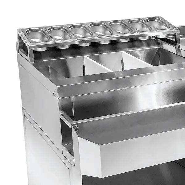 Bar-Cocktailstation | RVS | Spoelbak met Glazenspoeler | IJs en Ingrediëntenbakken | Flessenrek | GN-Bakhouder | 1 Deur en Open Vak | Achteropstand | 1340x700x875/990(h)mm