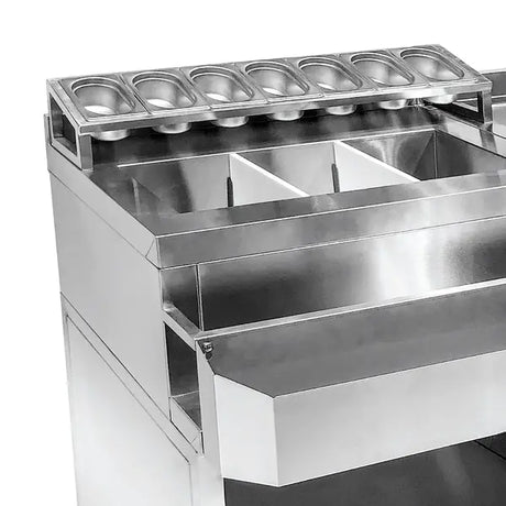 Bar-Cocktailstation | RVS | Spoelbak met Glazenspoeler | IJs en Ingrediëntenbakken | Flessenrek | GN-Bakhouder | 1 Deur en Open Vak | Achteropstand | 1340x700x875/990(h)mm
