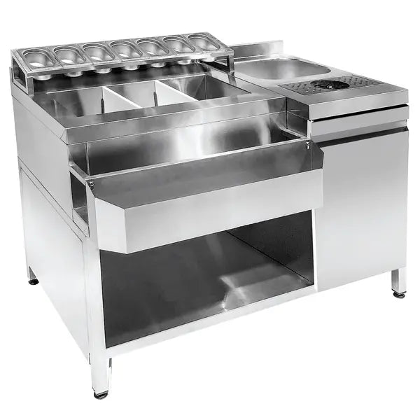 Bar-Cocktailstation | RVS | Spoelbak met Glazenspoeler | IJs en Ingrediëntenbakken | Flessenrek | GN-Bakhouder | 1 Deur en Open Vak | Achteropstand | 1340x700x875/990(h)mm