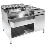 Bar-Cocktailstation | RVS | Spoelbak met Glazenspoeler | IJs en Ingrediëntenbakken | Flessenrek | GN-Bakhouder | 1 Deur en Open Vak | Achteropstand | 1340x700x875/990(h)mm