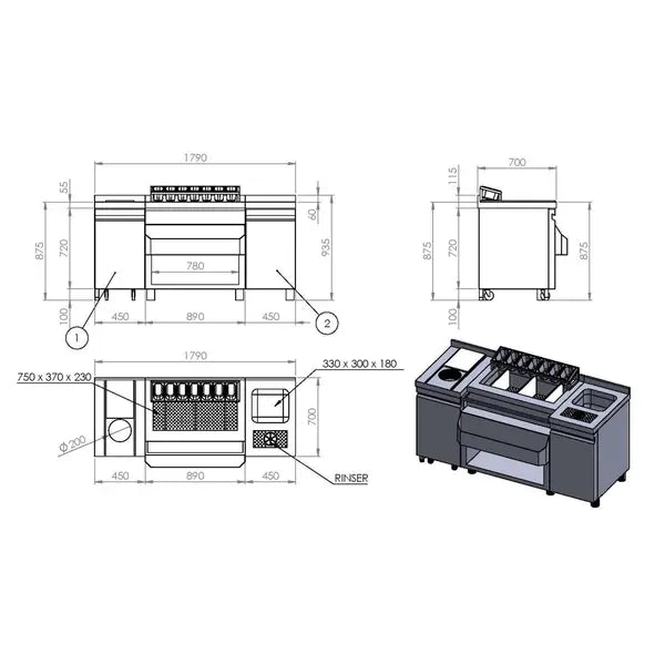 Bar-Cocktailstation | Spoelbak met Glazenspoeler | IJs-Ingrediëntenbakken met Flessenrek | GN-Bakhouder | Snijplank met Afvalgat | 1 Deur | Open Vak met Verrijdbare Afvalbak | Achteropstand | 1790x700x875/990(h)mm