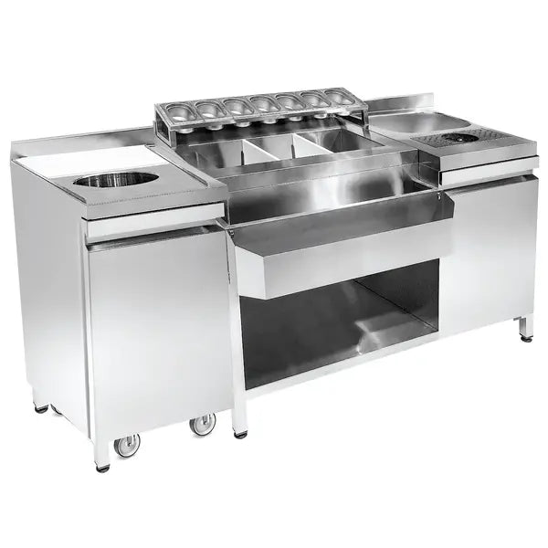 Bar-Cocktailstation | Spoelbak met Glazenspoeler | IJs-Ingrediëntenbakken met Flessenrek | GN-Bakhouder | Snijplank met Afvalgat | 1 Deur | Open Vak met Verrijdbare Afvalbak | Achteropstand | 1790x700x875/990(h)mm