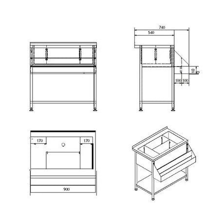 Bar Cocktailstation | RVS | IJsbak Ingrediëntenbak met Flessenrek | Bodemschap | Achteropstand | 900x740x900(h)mm