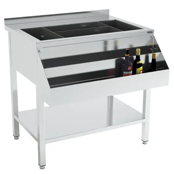 Bar Cocktailstation | RVS | IJsbak Ingrediëntenbak met Flessenrek | Bodemschap | Achteropstand | 900x740x900(h)mm