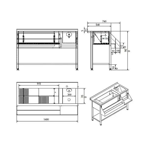 Bar Cocktailstation met spoelbak | IJsbak Ingrediëntenbak | Flessenrek | Bodemschap | Achteropstand | 1400x740x900(h)mm