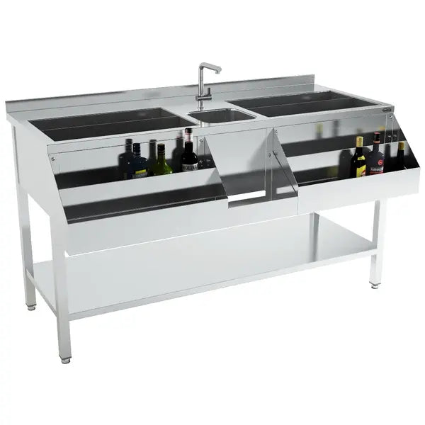 Bar Cocktailstation met spoelbak | IJsbak Ingrediëntenbak | Flessenrek | Bodemschap | Achteropstand | 1600x740x900(h)mm