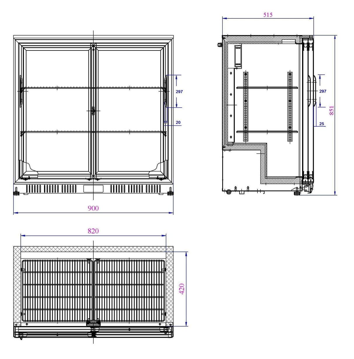 Barkoeler | 2 Schuifdeuren | Zwart | 198L | 0°C/+10°C | Statisch + Ventilator | 900x520x850(h)mm