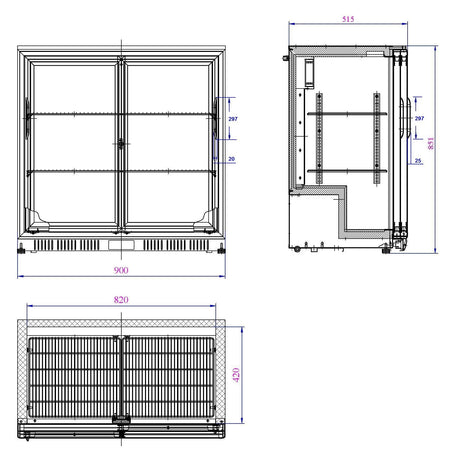 Barkoeler | 2 Schuifdeuren | Zwart | 198L | 0°C/+10°C | Statisch + Ventilator | 900x520x850(h)mm