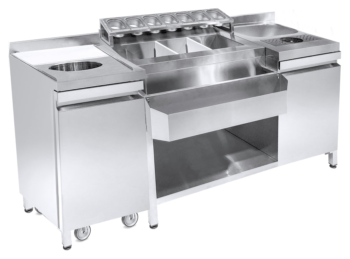 Bar-Cocktailstation | Spoelbak met Glazenspoeler | IJs-Ingrediëntenbakken met Flessenrek | GN-Bakhouder | Snijplank met Afvalgat | 1 Deur | Open Vak met Verrijdbare Afvalbak | Achteropstand | 1790x700x875/990(h)mm