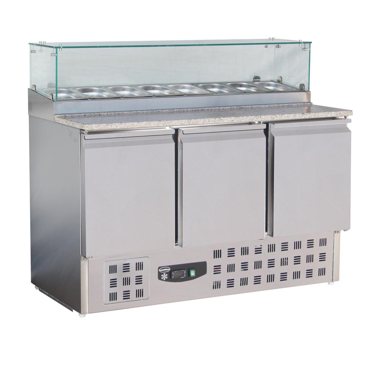 Combisteel Pizza Koelwerkbank | 444L | 3 deuren | +2°C/+8°C | 8x 1/6 GN | Statisch | 1368x700x1090(h)mm | 7450.0220