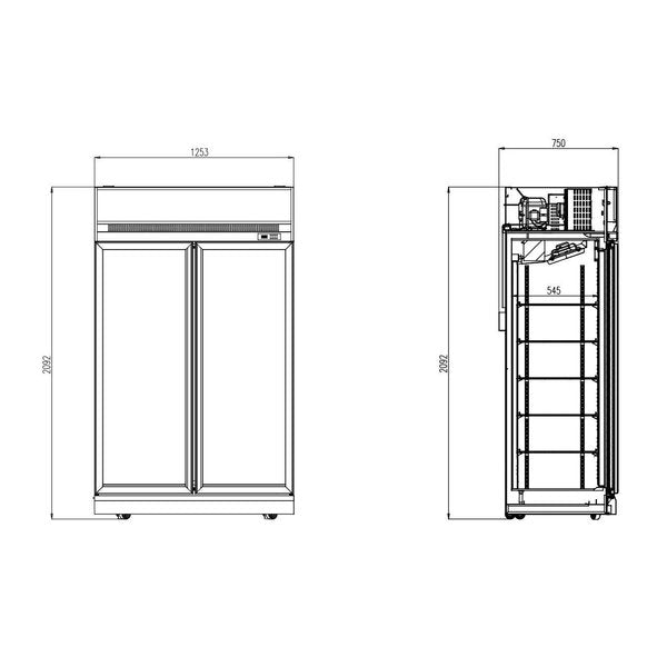 Combisteel Glasdeur Koelkast Zwart | 1000L | 2 Glasdeuren | 0°C/+10°C | Geforceerd | 1253x710x2092(h)mm | 7455.2405