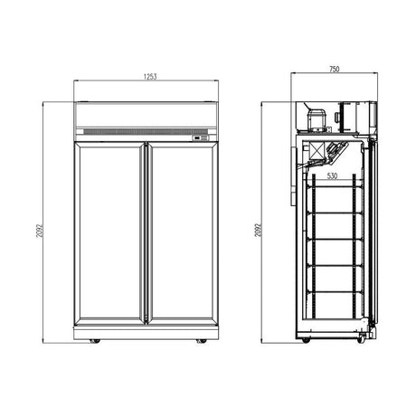 Combisteel Glasdeur Vrieskast | zwart | 1000L | 2 deuren | -18°C/-22°C | Geforceerd | 1235x710x2092(h)mm | 7455.2425