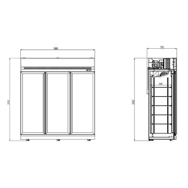 Combisteel Glasdeur Vrieskast | zwart | 1530L | 3 deuren | -18°C/-22°C | Geforceerd | 1880x710x2092(h)mm | 7455.2435