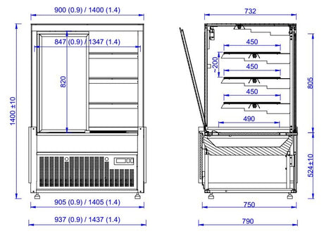 Combisteel Koelvitrine | 630L | Zwart | +4°C/+12°C | 4 Schappen | 1437x790x1400(h)mm | 7486.0095