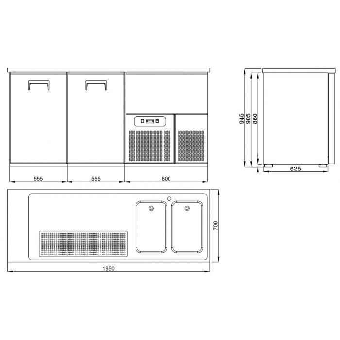 Combisteel Rvs Bierkoeler | 2 deuren links met 2x spoelbak rechts | -2°C/+8°C | Geforceerd | 1950x700x1050(h)mm | 7489.5320