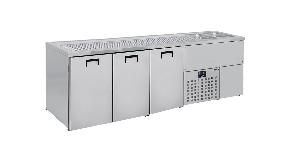 Combisteel Rvs Bierkoeler | 3 Deuren links met 2x spoelbak rechts | -2°C/+8°C | Geforceerd | 2500x700x1050(h)mm | 7489.5340