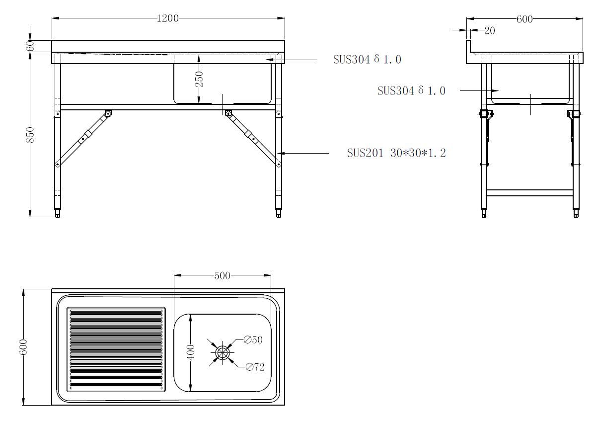 RVS Inklapbare Spoeltafel | 1 bak Rechts 500x400x250 | 1200x600x850(h)mm