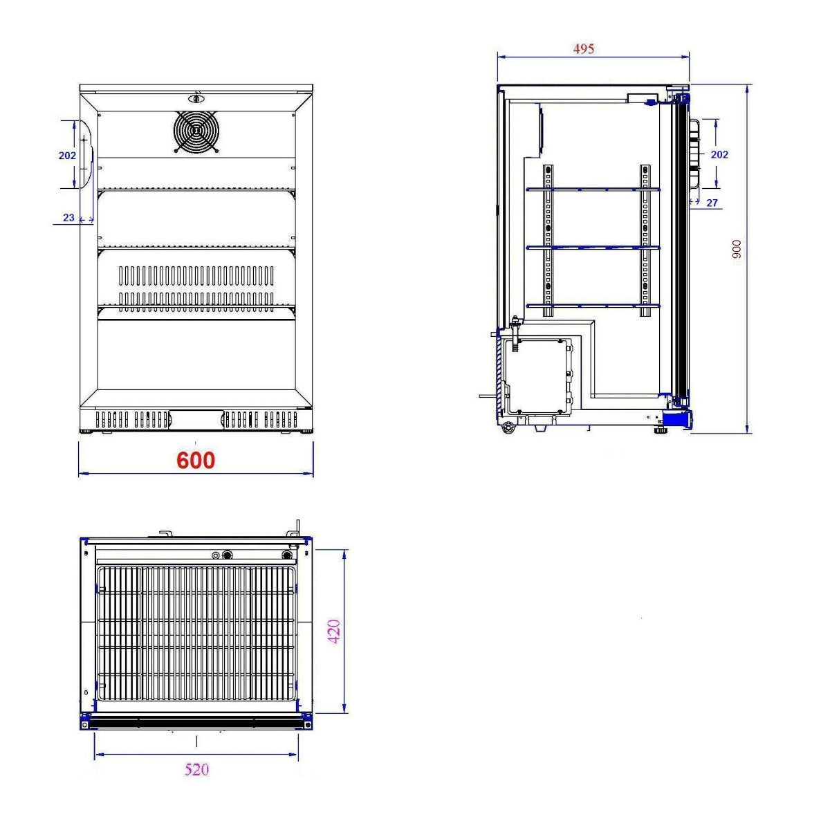 Combisteel Barkoeler | 1 Glasdeur | Zwart | 138L | 0°C/+10°C | Statisch + Ventilator | 600x520x900(h)mm | 7527.0005
