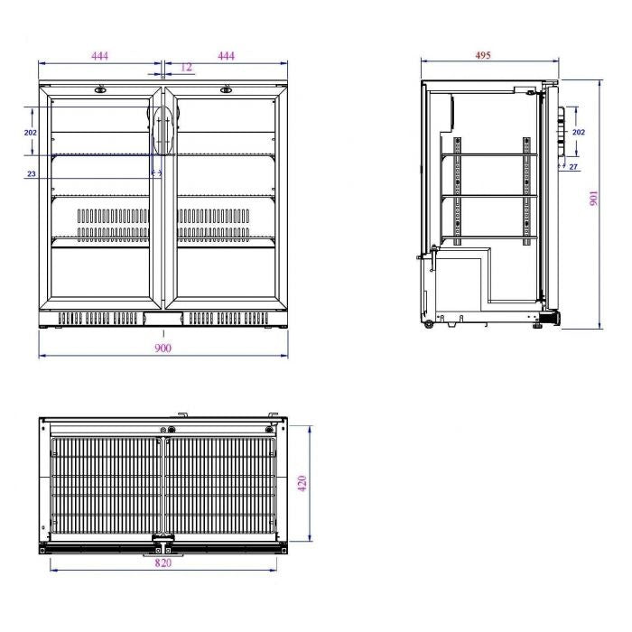 Combisteel Barkoeler | 2 Glasdeuren | Zwart | 208L | 0°C/+10°C | Statisch + Ventilator | 900x520x900(h)mm | 7527.0010