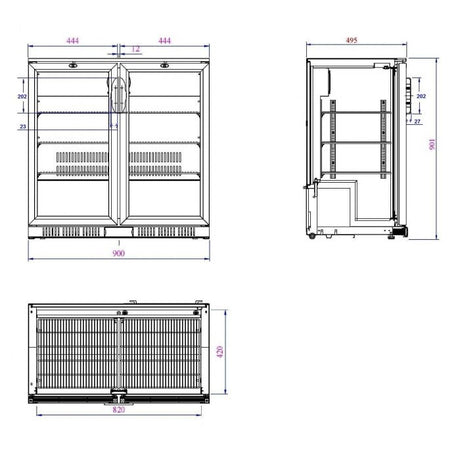Combisteel Barkoeler | 2 Glasdeuren | Zwart | 208L | 0°C/+10°C | Statisch + Ventilator | 900x520x900(h)mm | 7527.0010