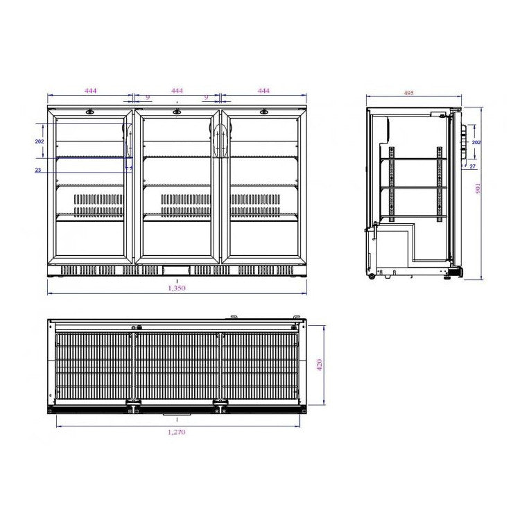Combisteel Barkoeler | 3 Glasdeuren | Zwart | 320L | 0°C/+10°C | Statisch + Ventilator | 1350x520x850(h)mm | 7527.0040