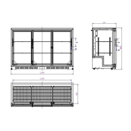 Combisteel Barkoeler | Schuifdeuren | Zwart | 320L | 0°C/+10°C | Statisch + Ventilator | 1350x520x850(h)mm | 7527.0050