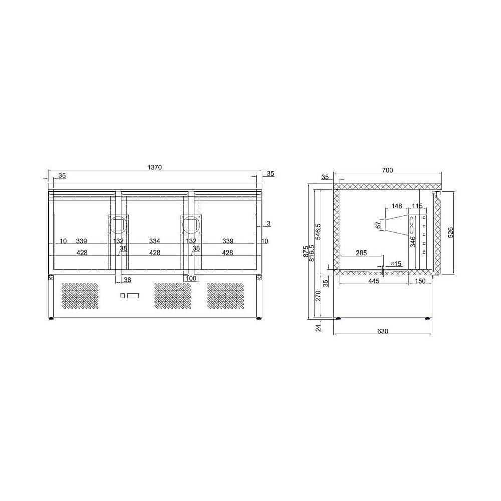 Combisteel Koelwerkbank | 400L | 3 Deuren | +2°C/+8°C | Statisch met ventilator | 1365x700x875(h)mm | 7950.0112