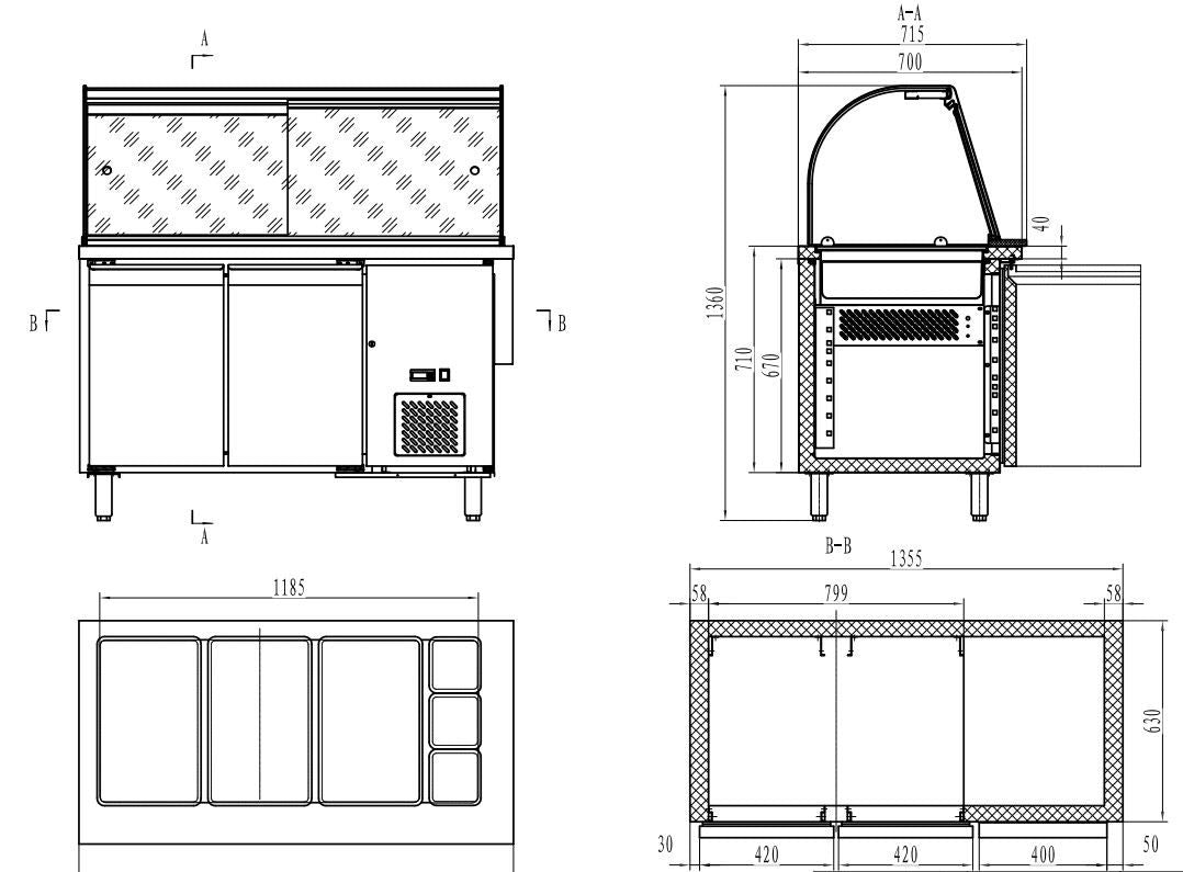 Combisteel gekoeld saladette | 3x 1/1 GN + 3x 1/ 6GN | +2°C/+8°C | Geforceerd | 1360x700x860/1365(h)mm | 7950.0422