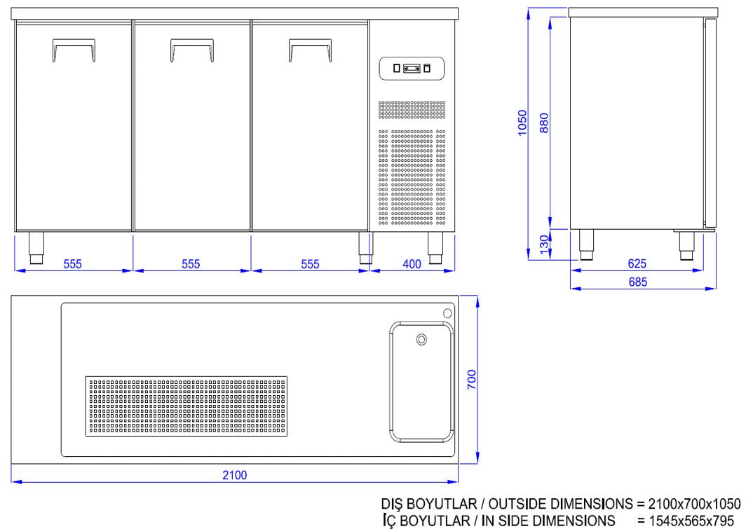 Vatenkoeler | PRO LINE | 3 Deuren | -2°C/+8°C | Geforceerd | Spoelbak (Rechts) | 2100x700x950(h)mm