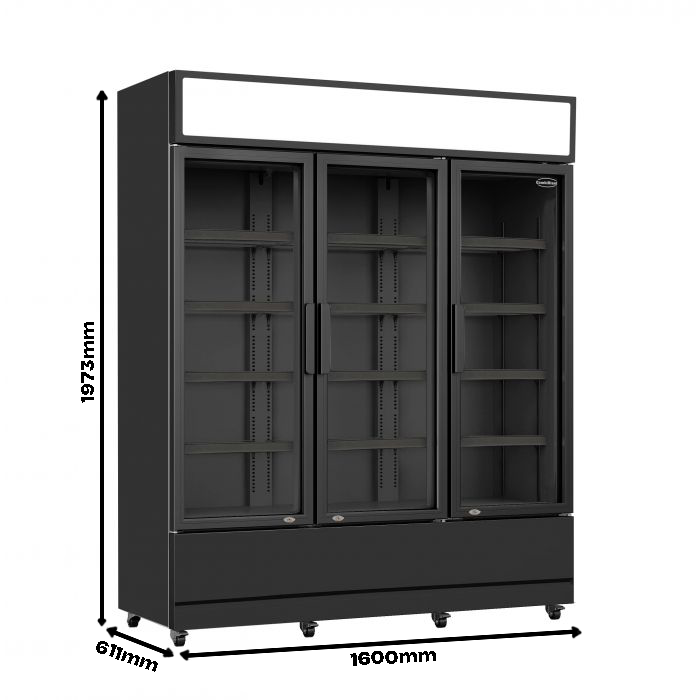 Glasdeur Koelkast Zwart | 1065L | 3 Glasdeuren | +1°C/+10°C | Geforceerd | 1600x610x1973(h)mm