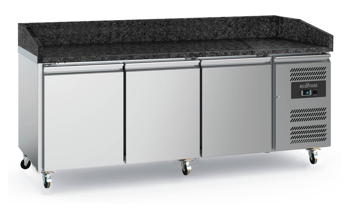 RVS Pizzawerkbank 471 Liter | +2°C en +8°C | 3 Deuren | Zwart Graniet | Met Wielen | 2020x800x1000(h)mm