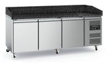RVS Pizzawerkbank 471 Liter | +2°C en +8°C | 3 Deuren | Zwart Graniet | Met Wielen | 2020x800x1000(h)mm