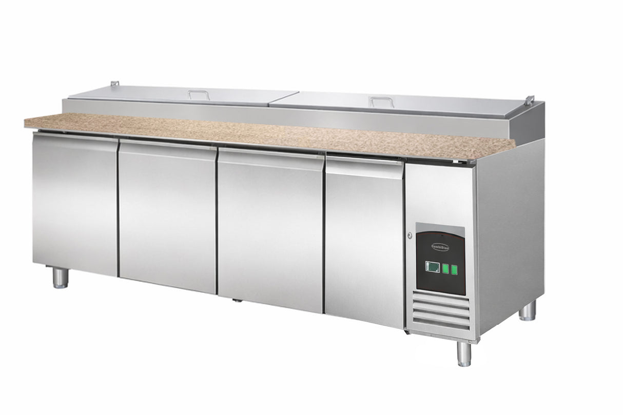 Pizzawerkbank | 943L | 4 Deuren| Boven 12x 1/3 GN | +2°C/+8°C | Geforceerd | 2528x800x890/1040(h)mm