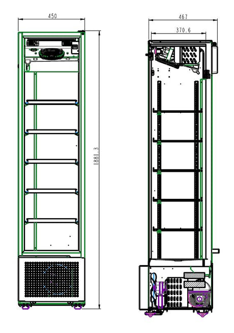 Drankenkoeling zwart | 221L | Glasdeur | +4°C/+10°C | Statisch met Ventilator | 450x497x1881(h)mm