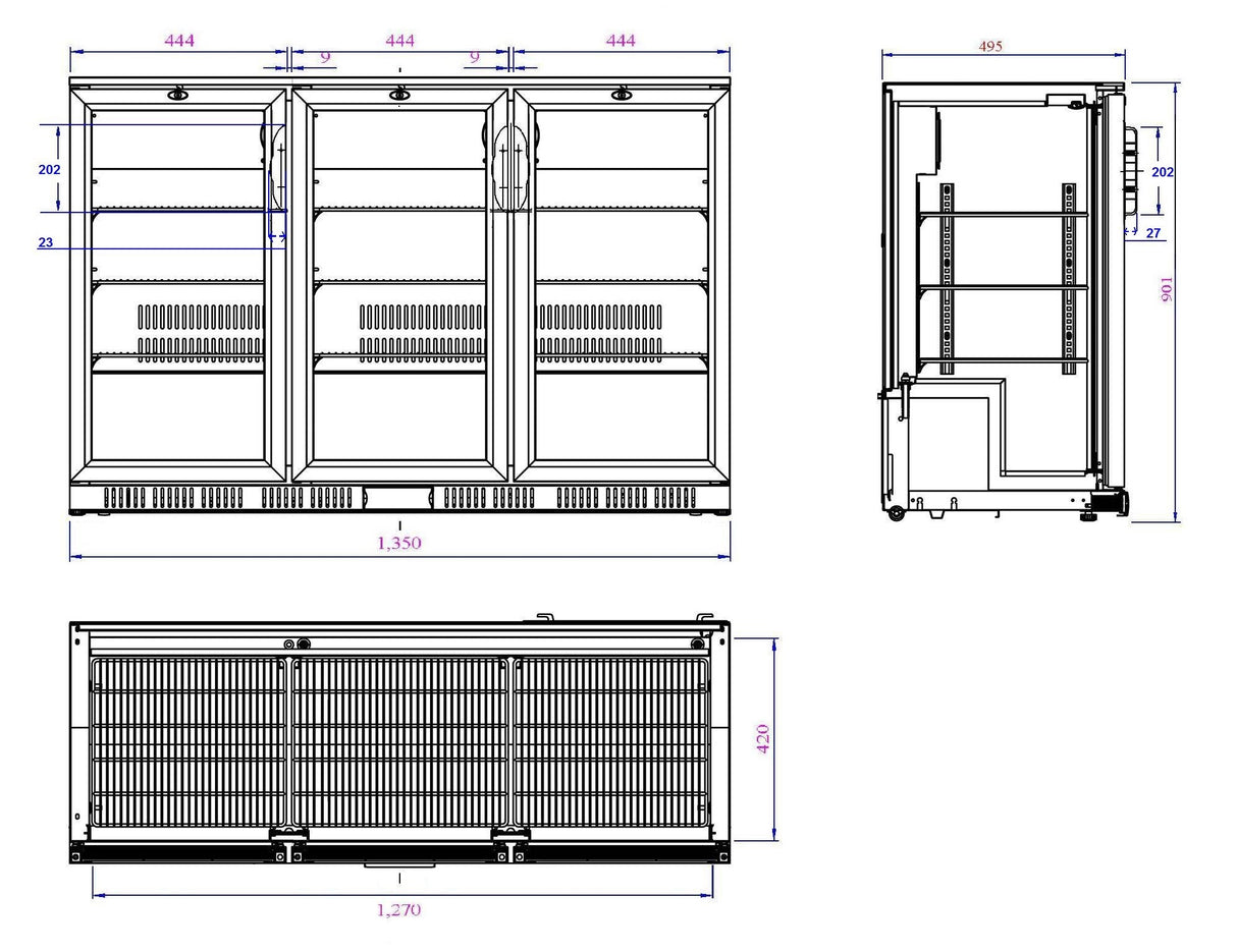 Barkoeler | 3 Glasdeuren | Zwart | 330L | 0°C/+10°C | Statisch + Ventilator | 1350x520x900(h)mm