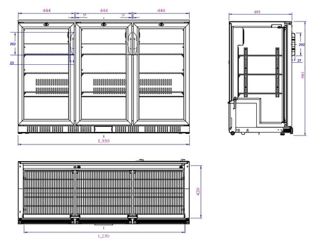 Barkoeler | 3 Glasdeuren | Zwart | 330L | 0°C/+10°C | Statisch + Ventilator | 1350x520x900(h)mm