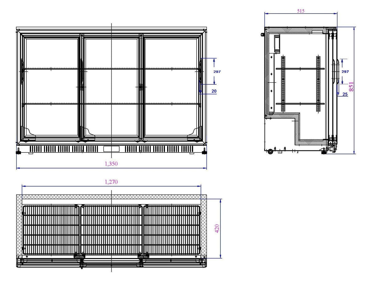 Barkoeler | Schuifdeuren | Zwart | 320L | 0°C/+10°C | Statisch + Ventilator | 1350x520x850(h)mm