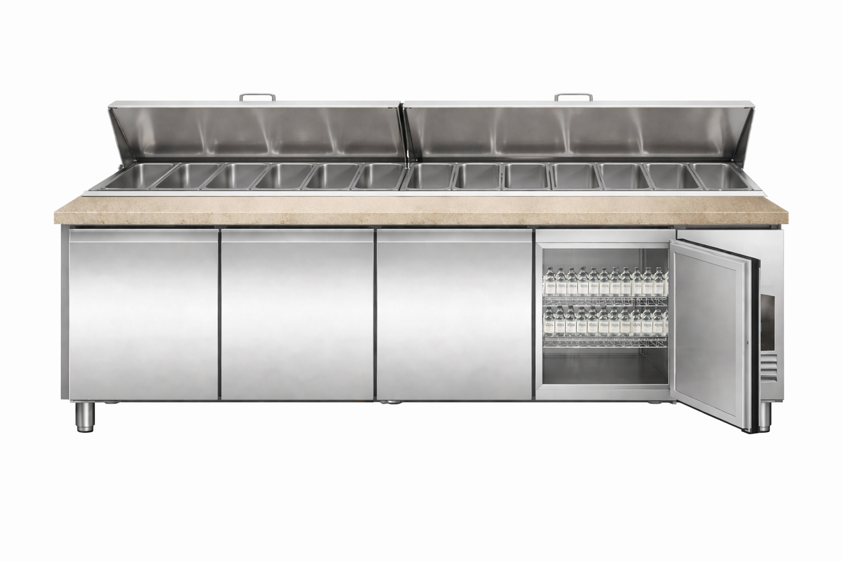 Pizzawerkbank | 943L | 4 Deuren| Boven 12x 1/3 GN | +2°C/+8°C | Geforceerd | 2528x800x890/1040(h)mm